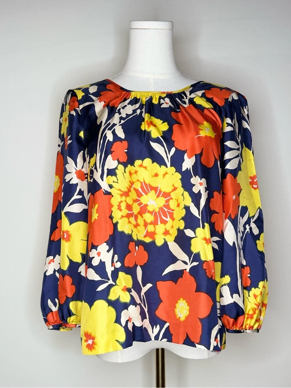 J. Crew Silk Navy Floral Puff-Sleeve Blouse with Yellow and Orange Blooms 4 NWOT